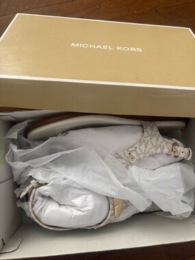 Michael Kors White/Beige MK Monogram Thong Sandals with Gold Accent